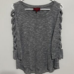 Jennifer Lopez Women's Blouse Open Criss-Cross Strappy Sleeve Stretch Gray Sz M
